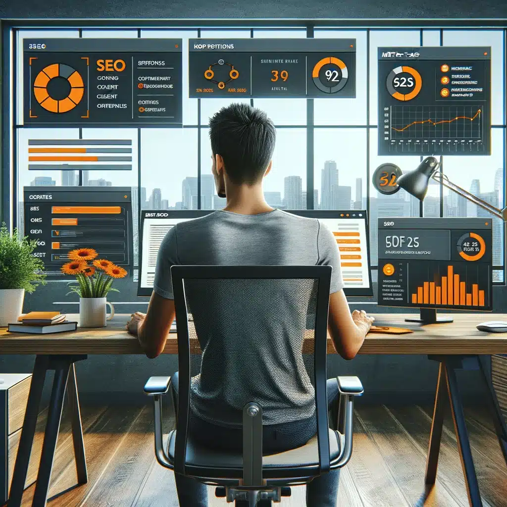 SEO Services Dubai 20 HGD Media GmbH DALL·E 2024 03 26 18.40.41 Adjust the previous image by depicting the male SEO specialist in casual attire instead of a suit while he works in the modern digital marketing offi